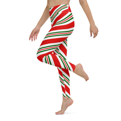 Christmas Candy Cane Leggings, High Waisted Red White Green Striped Elf Printed Yoga Workout Winter Party Women Pants Starcove Fashion