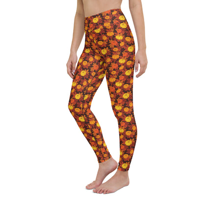 Pumpkins Fall Leaves Yoga Leggings Women, Autumn Thanksgiving High Waisted Pants Cute Printed Graphic Workout Designer Tights Starcove Fashion
