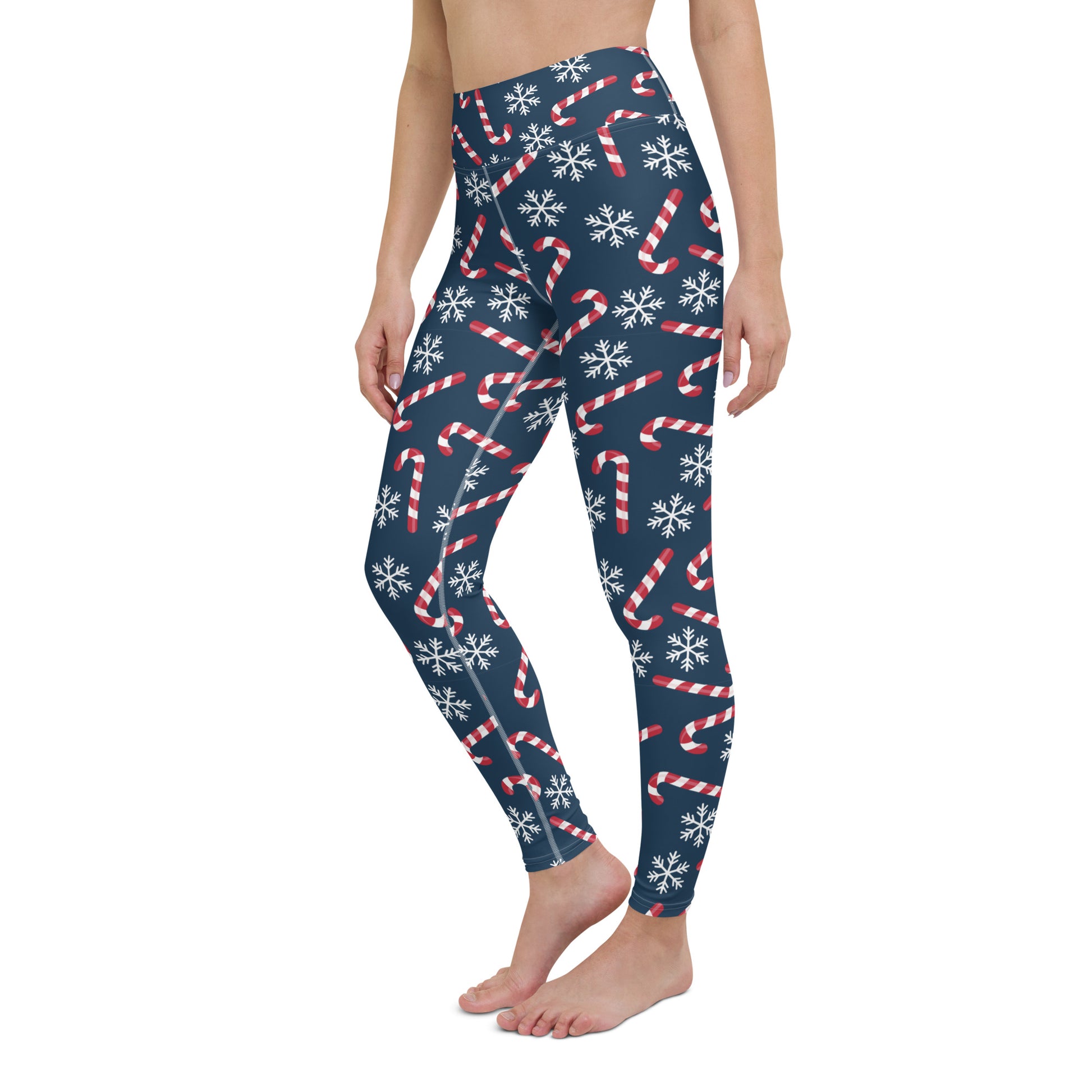 Candy Cane Leggings, High Waisted Snowflakes Blue Christmas Holidays Printed Yoga Workout Winter Party Women Pants Starcove Fashion