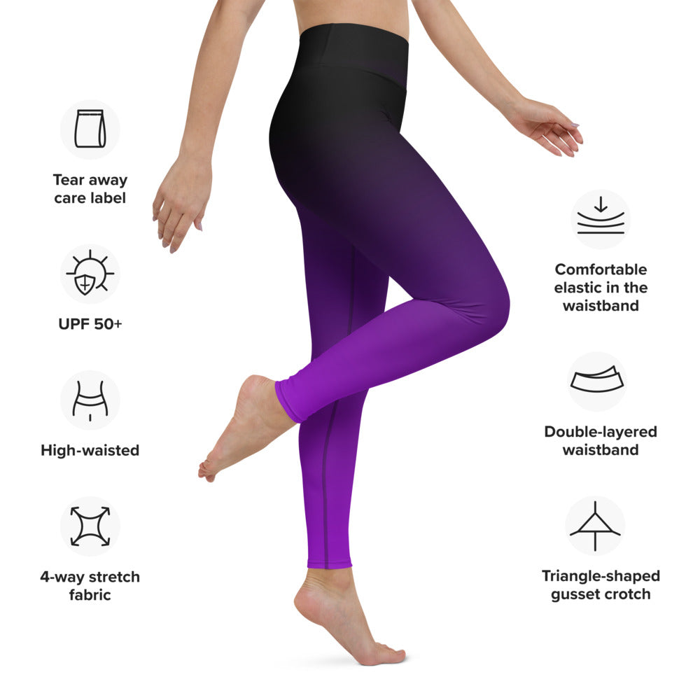 Purple Black Ombre Yoga Leggings, Gradient Women High Waisted Workout Dip Tie Dye Pants Printed Sexy Festival Tights Starcove Fashion