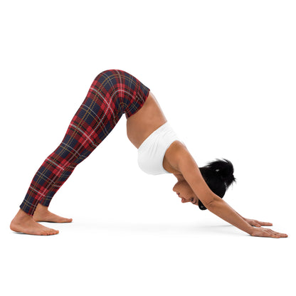 Tartan Yoga Leggings Women, Red Blue Plaid Check High Waisted Pants Cute Printed Graphic Workout Running Gym Designer Tights