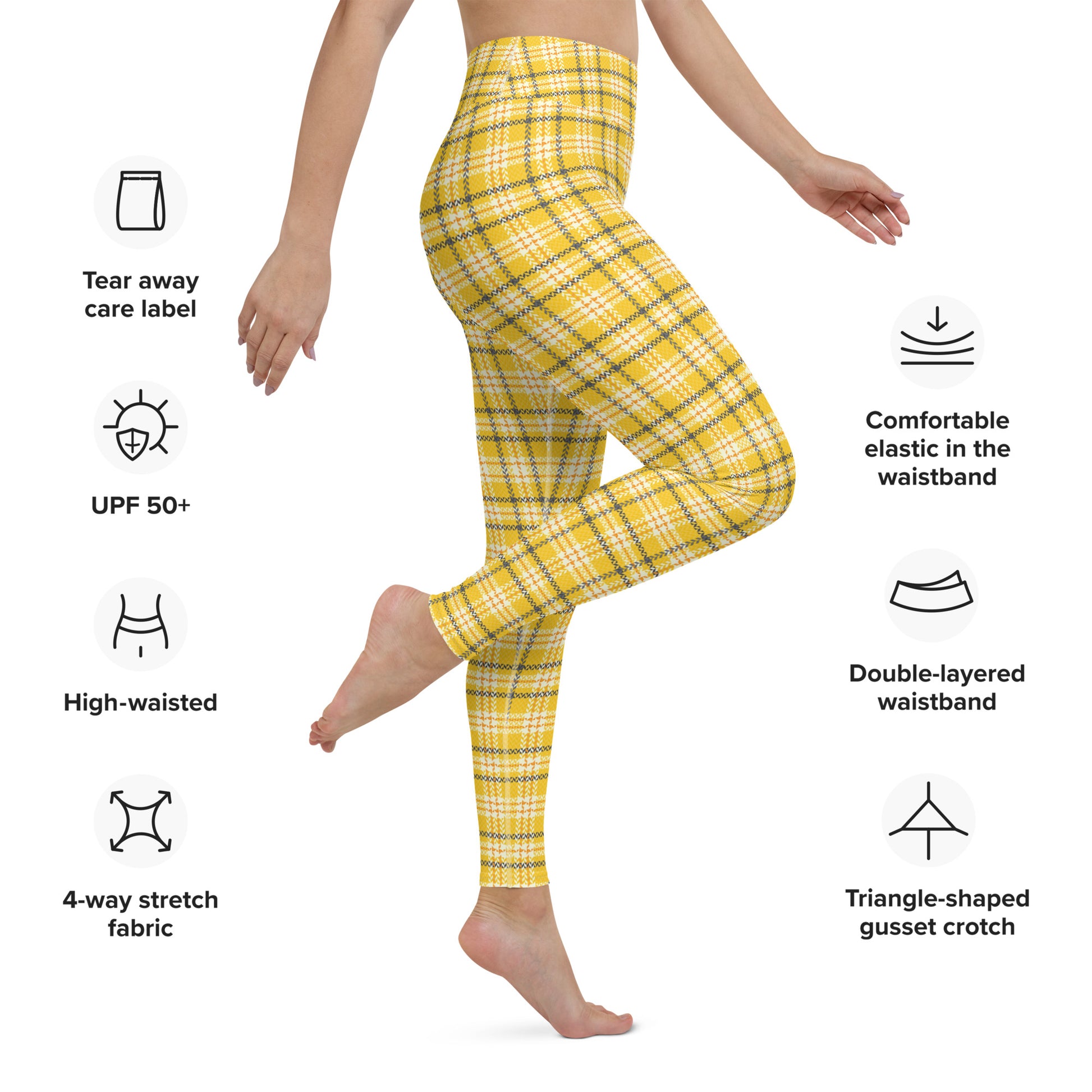 Yellow Plaid Yoga Leggings Women, Tartan High Waisted Pants Cute Printed Graphic Workout Running Gym Designer Tights Starcove Fashion