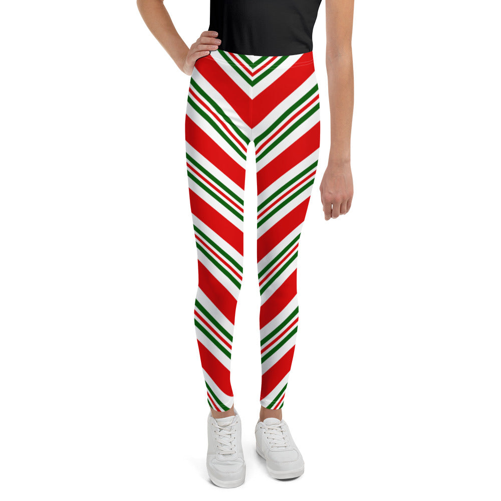 Candy Cane Stripe Leggings, Mommy Me Red White Green Christmas Elf Xmas Adult Yoga Toddler Girl Kids Workout Winter Women Plus Size Pants Starcove Fashion