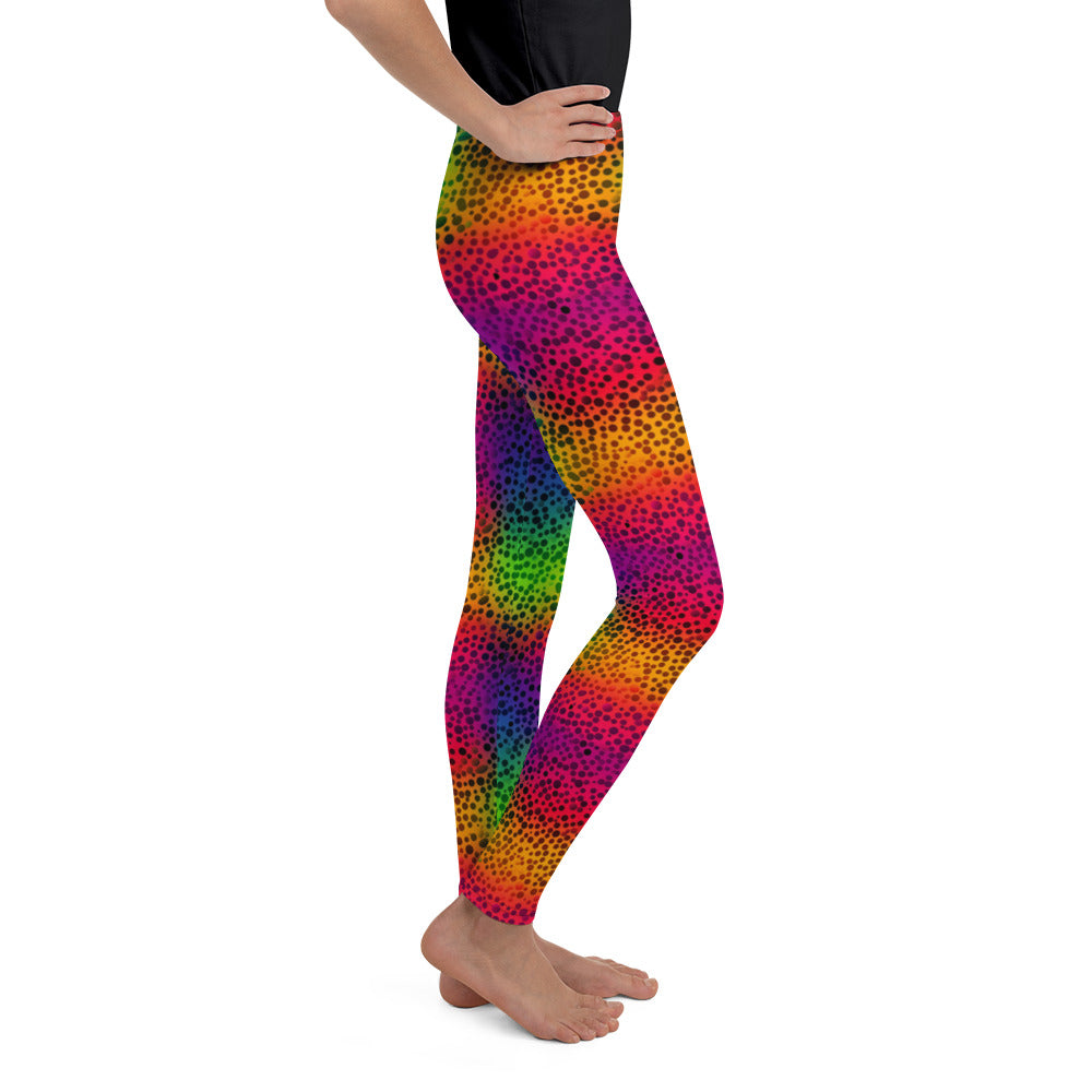 Rainbow Leopard Girls Leggings (8-20), Dots Cheetah Youth Teen Cute Printed Kids Yoga Pants Graphic Print Fun Tights Tween