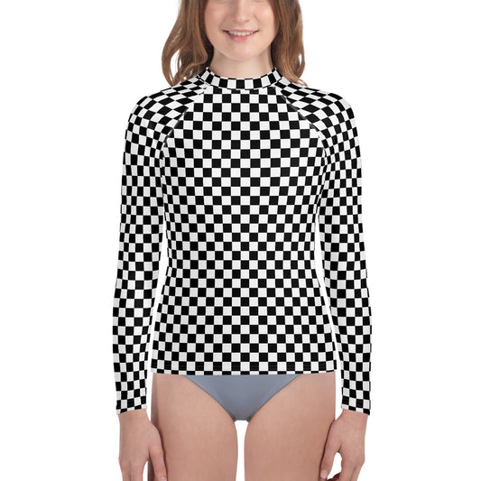 Checkered Girls Rash Guard (8-20), Black White Check Print Surf Kids Teen Long Sleeve Swim Shirt Swimwear Sun Designer Wet Suit Protection 40 UPF Starcove Fashion