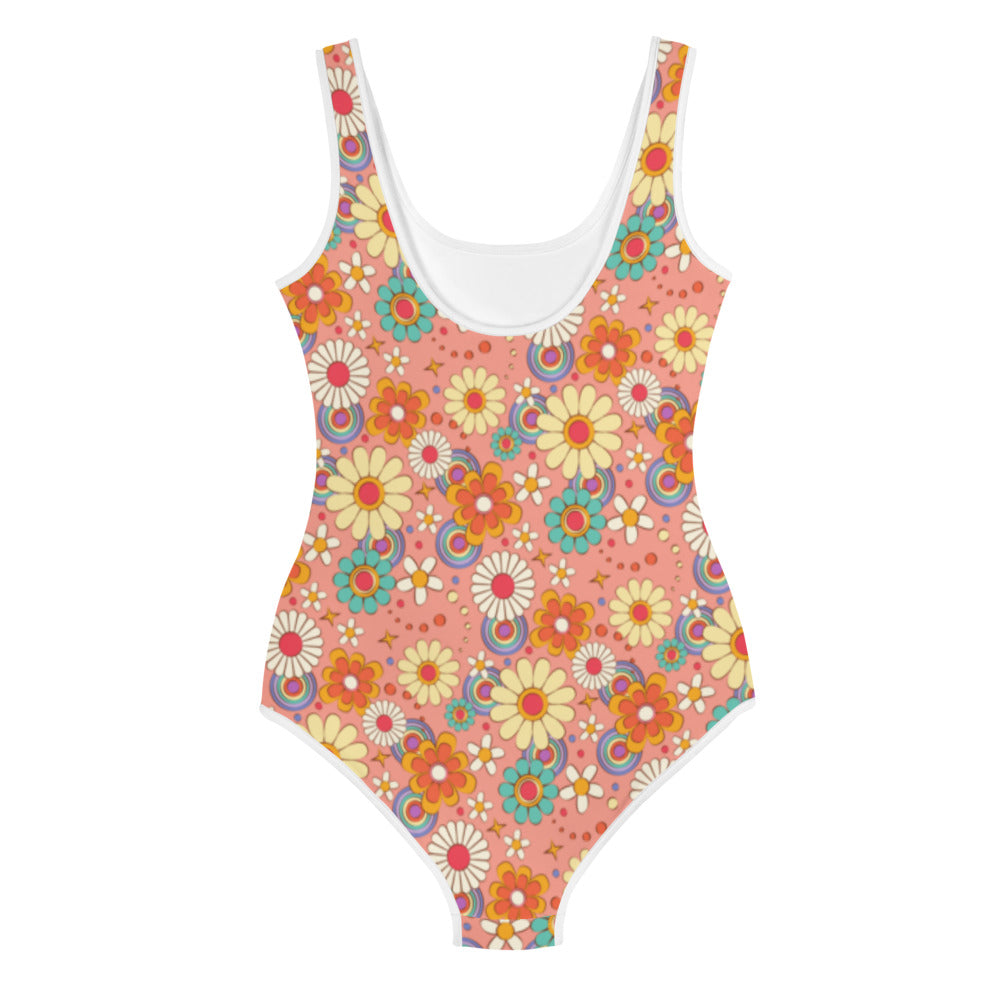 Groovy Flowers Girls Swimsuits (8 - 20), Pink Floral 70s Cute Kids Jr Junior Tween Teen Teenage One Piece Bathing Suit Young Swimwear Starcove Fashion