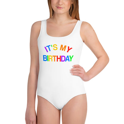 It's My Birthday Girls One Piece Swimsuit (8-20), Colorful Rainbow Youth Kids White Bathing Suit Pool Beach Party Swim Suit Starcove Fashion