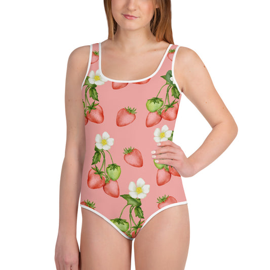Strawberry Pink Girls Swimsuits (8 - 20), Flowers Summer Fruit Cute Kids Jr Junior Tween Teen One Piece Bathing Suit Young Swimwear Starcove Fashion