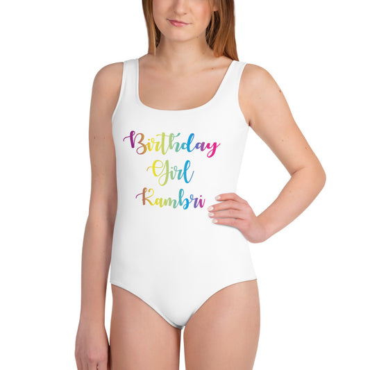 Happy Birthday Custom Name Girls One Piece Swimsuit, Personalized Colorful Rainbow Kids Bathing Suit Pool Party Swim Suit Swimwear Starcove Fashion