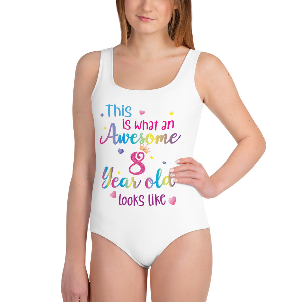 This is What an Awesome 8 Year Old Looks Like Girls Swimsuit, Birthday 8th Eight Year Fun Rainbow Party Gift Kids One Piece Bathing Suit Swimwear Starcove Fashion