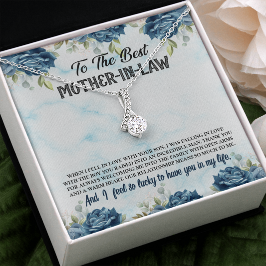Best Mother in Law White Gold Pendant Necklace, Ribbon Shaped Alluring Beauty Wedding Bride Groom Christmas Birthday Jewelry Gift Box Card Starcove Fashion