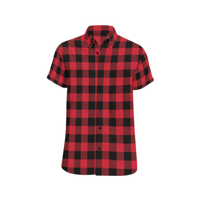Red Buffalo Plaid Short Sleeve Men Button Up Shirt, Black Check Checkered Print Casual Buttoned Down Collared Summer Dress Designer Shirt