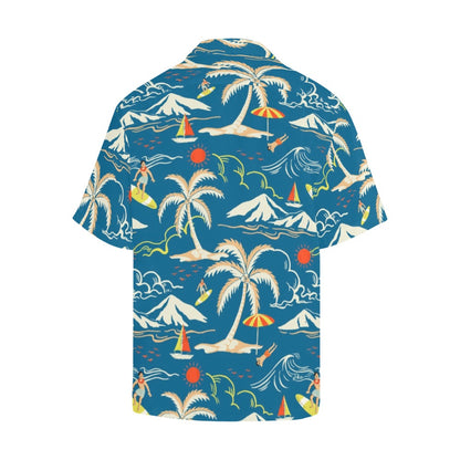 Island Men Hawaiian shirt, Tropical Blue Print Vintage Retro Summer Hawaii Aloha Beach Plus Size Cool Button Up Shirt Starcove Fashion