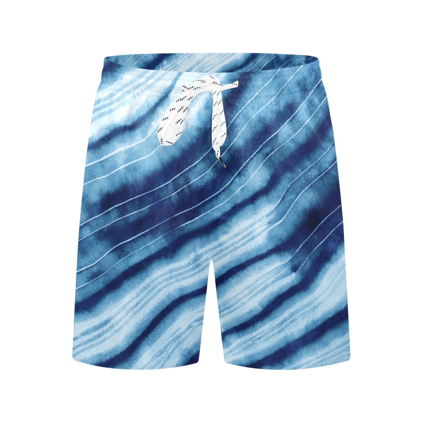 Tie Dye Men Swim Trunks, Blue Shibori Mid Length Shorts Beach Pockets Mesh Lining Drawstring Boys Casual Bathing Suit Plus Size Swimwear