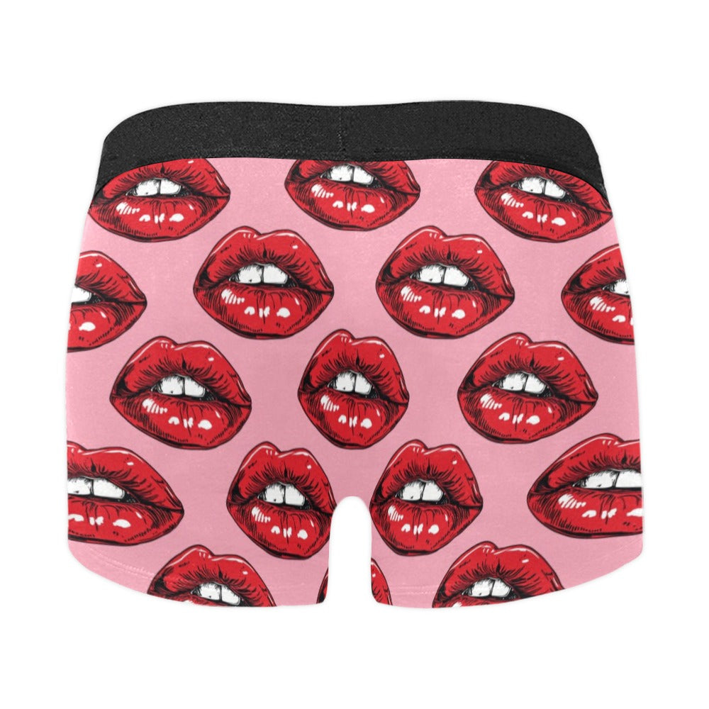 Red Lips Men Boxer Briefs, Kisses Valentine's Day Him Romantic Print Underwear Pouch Sexy Boyfriend Plus Size Gift Male Honeymoon Birthday