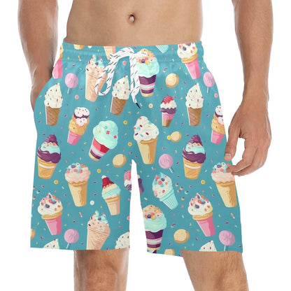 Ice Cream Men Mid Length Shorts, Cones Beach Swim Trunks Front Back Pockets Mesh Drawstring Boys Casual Bathing Suit Summer Starcove Fashion