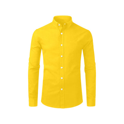 Yellow Long Sleeve Men Button Up Shirt, Plain Solid Color Summer Print Buttoned Collar Dress Shirt with Chest Pocket