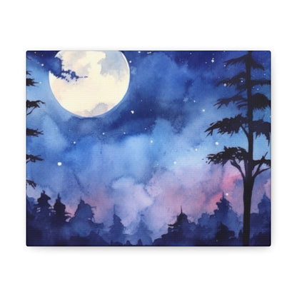 Night Sky Canvas Gallery Wrap, Full Moon Watercolor Wall Art Print Decor Small Large Hanging Modern Landscape Living Room