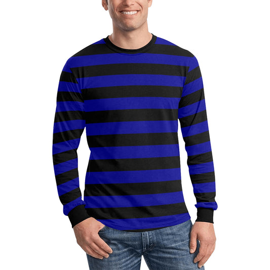 Black and Blue Men Long Sleeve Striped TShirt, Graphic Vintage Retro Broad Stripes Crewneck Unisex Women Designer Male Guys Tee