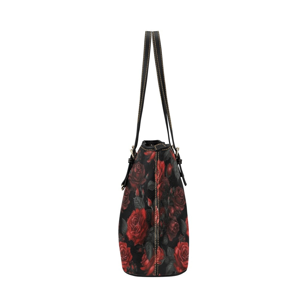 Rose Tote Bag Purse, Red Black Gothic Floral Flowers Print Handbag Women Vegan Leather Zip Top Small Large Designer Shoulder Work Ladies