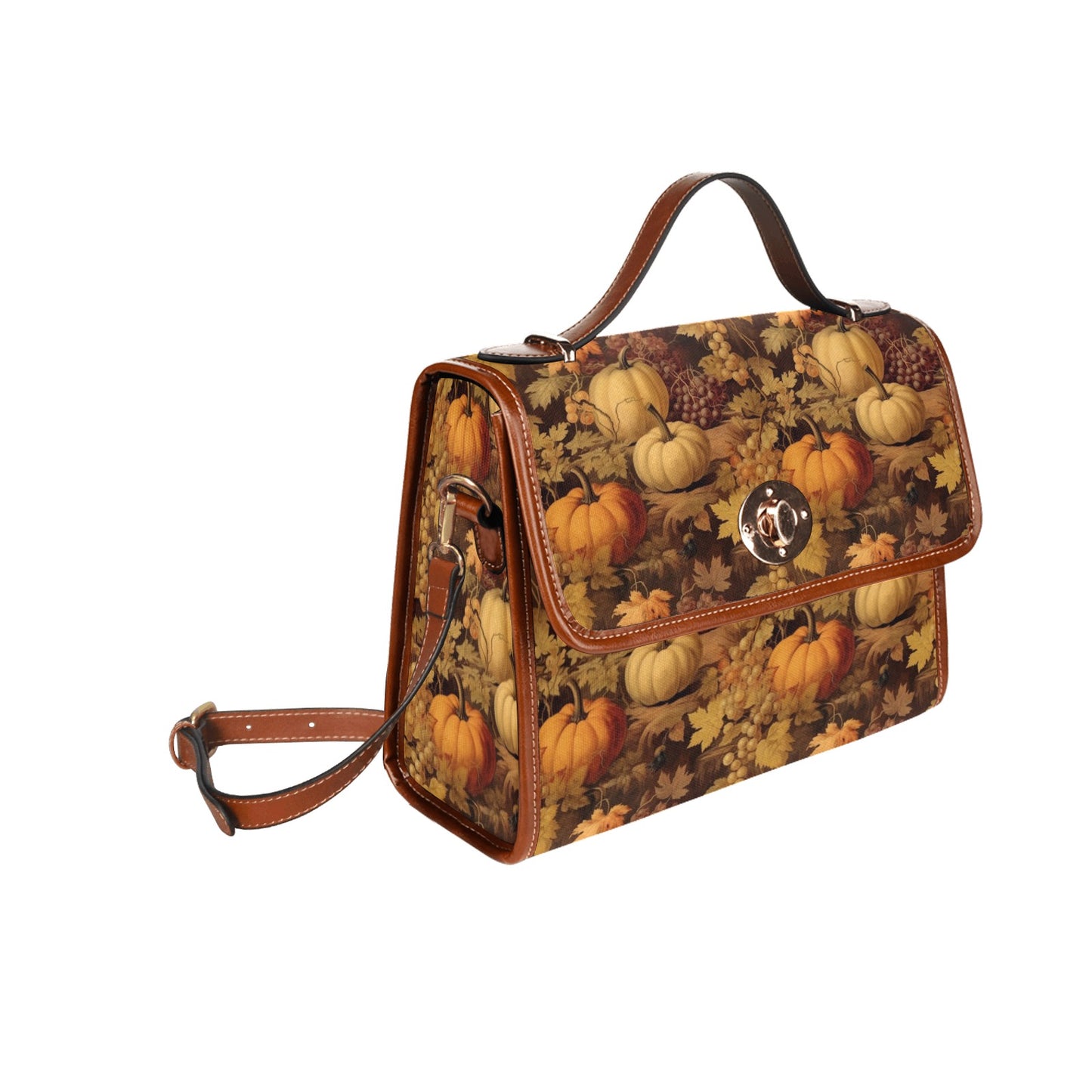Autumn Fall Canvas Satchel bag, Vintage Pumpkins Grapes Waterproof Cottagecore Brown Cute Women Crossbody Purse Vegan Leather Strap Handbag