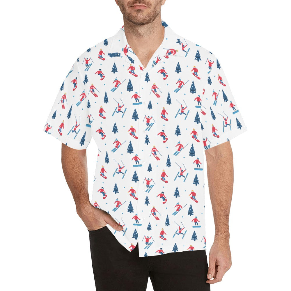 Ski Snowboard Men Hawaiian shirt, Skiing Red White Blue Snow Print Vintage Retro Hawaii Aloha Plus Size Cool Button Down Shirt