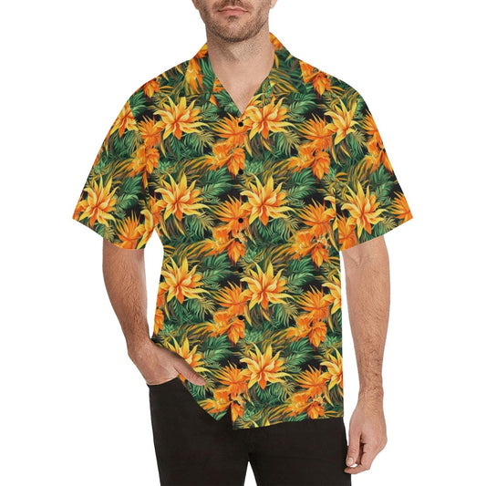 Sun Flowers Men Hawaiian shirt, Floral Green Yellow Vintage Aloha Hawaii Retro Summer Tropical Beach Plus Size Cool Button Down Shirt