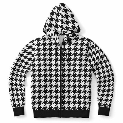 Houndstooth Zip Up Hoodie, Black White Front Zipper Pocket Men Women Unisex Adult Aesthetic Graphic Cotton Fleece Hooded Sweatshirt