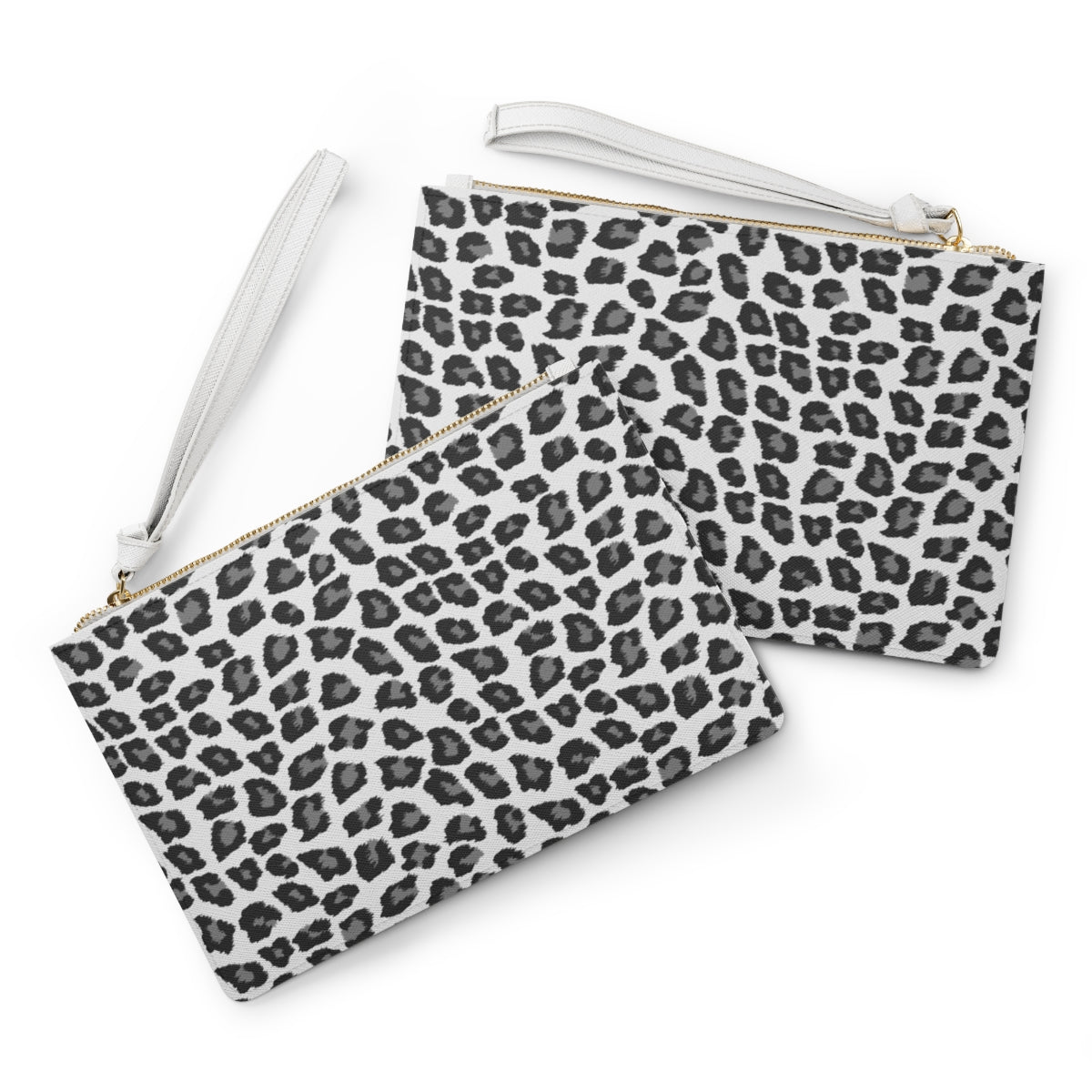 Snow Leopard Clutch Wristlet Purse, Black White Animal Print Vegan Leather Pockets Zipper Evening Modern Bag Strap Wallet Women Starcove Fashion