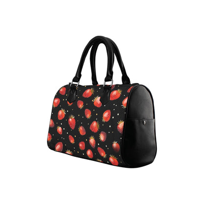Strawberries Print Handbag Purse, Cute Summer Fruit Red Black Art Top Zipper Canvas Leather Top Handle Barrel Type Women Designer Ladies
