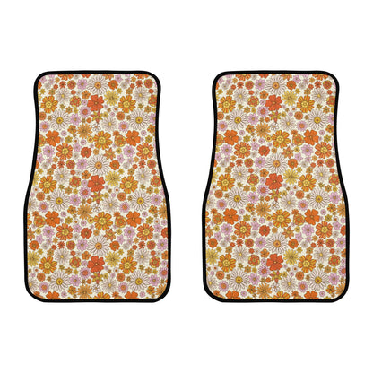 Groovy Flowers Car Front Floor Mats Set (2), Cute Floral Print Aesthetic Auto Vehicle Suv Truck Accessories Women Rubber All Weather Mat