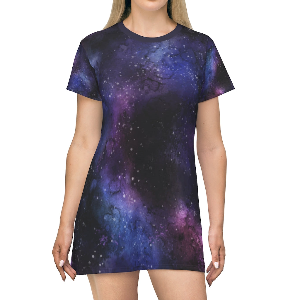 Galaxy Space T Shirt Dress Women, Constellation Cosmic Stars Purple Print Universe Celestial Party Rave Festival Girls Tee Ladies Starcove Fashion