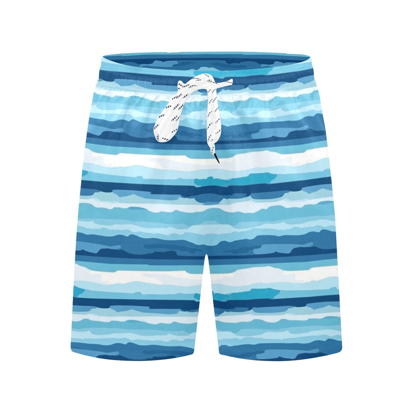 Striped Men Swim Trunks, Ocean Blue Mid Length Shorts Beach Pockets Mesh Lining Drawstring Boys Casual Bathing Suit Plus Size Swimwear Starcove Fashion