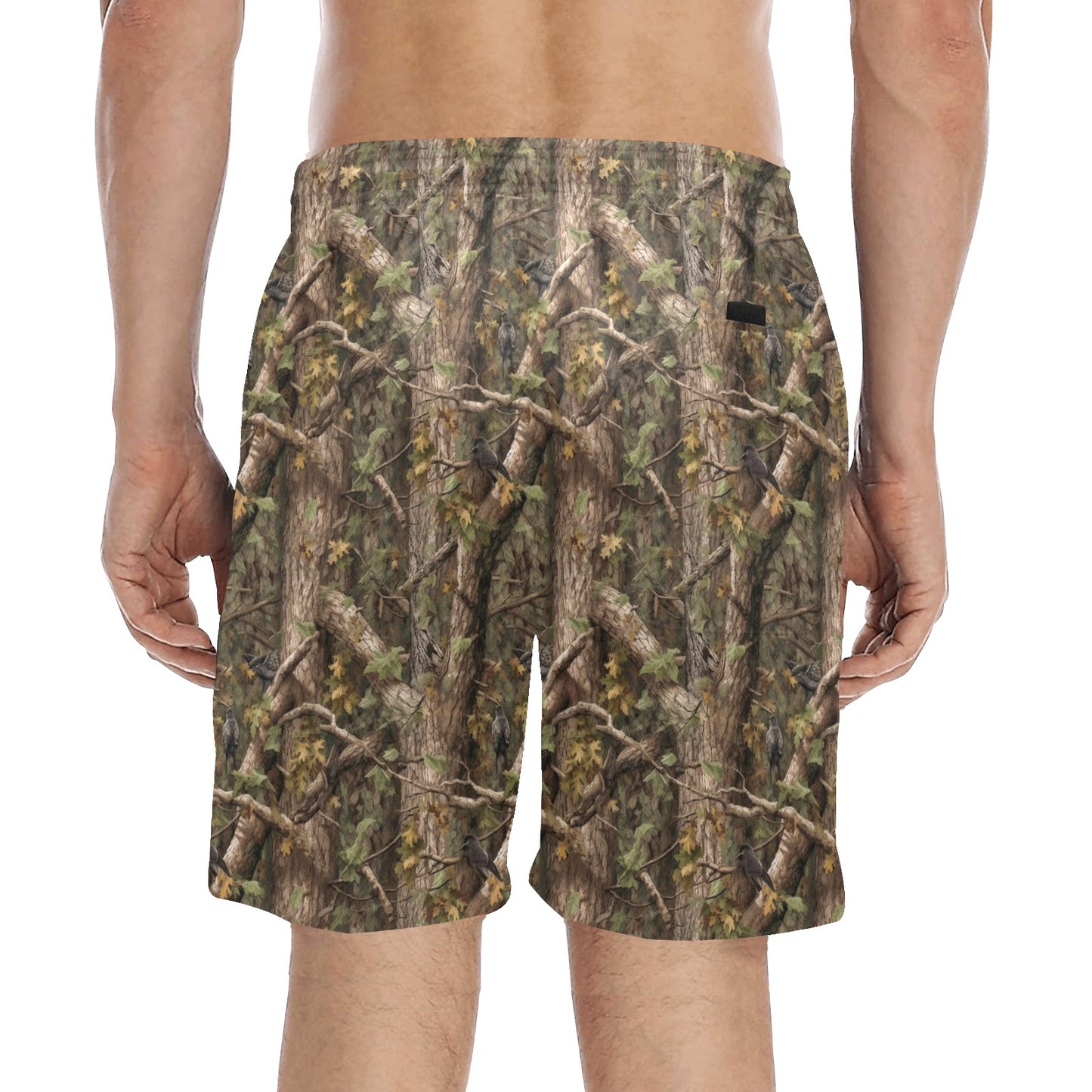 Tree Bark Camo Men Swim Trunks, Real Hunting Mid Length Shorts Green Camouflage Beach Pockets Mesh Lining Drawstring Bathing Suit Plus Size Starcove Fashion