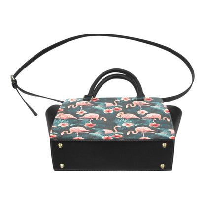 Pink Flamingo Purse Handbag, Cute Tropical Green High Grade Vegan Leather Designer Women Gift Satchel Top Zip Handle Bag Shoulder Strap