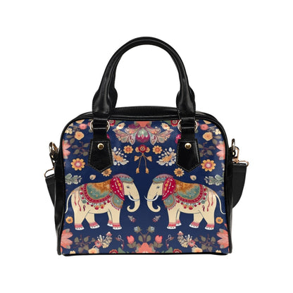 Elephant Leather Purse, Floral Women Designer Handbag Animal Print Black Small Cute Shoulder Vegan Leather Crossbody Bag Ladies