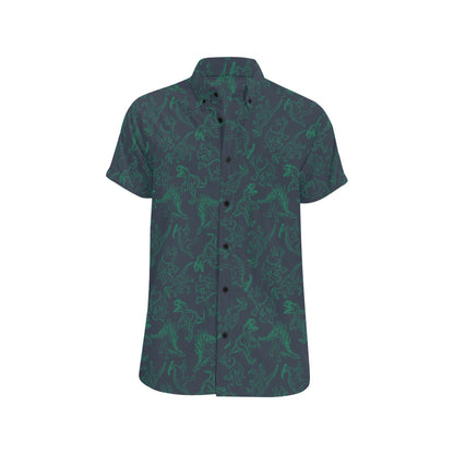 Dinosaur Short Sleeve Men Button Up Shirt, Dino Skeleton Trex Green Print Casual Buttoned Down Summer Dress Shirt Gift Husband Starcove Fashion