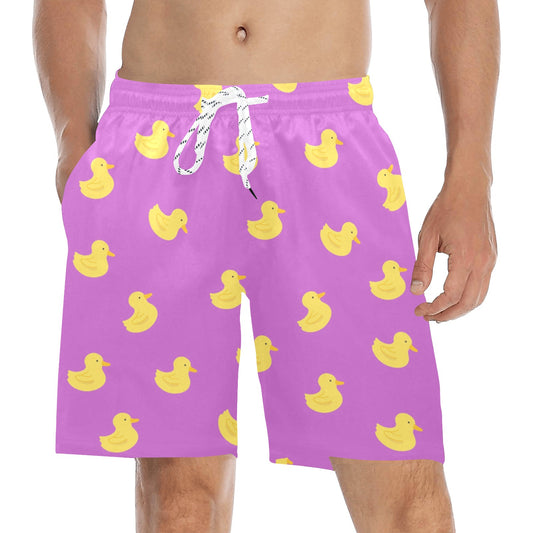 Pink Rubber Duck Men Swim Trunks, Yellow Mid Length Shorts Beach Front Back Pockets Mesh Linen Drawstring Bathing Suit Summer Plus Size