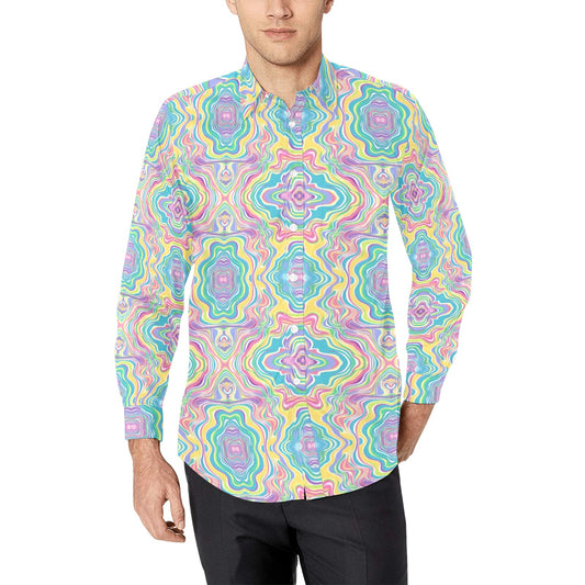Pastel Psychedelic Long Sleeve Men Button Up Shirt, Vintage Trippy Groovy Rave Funky Print Guys Male Buttoned Collared Dress Chest Pocket