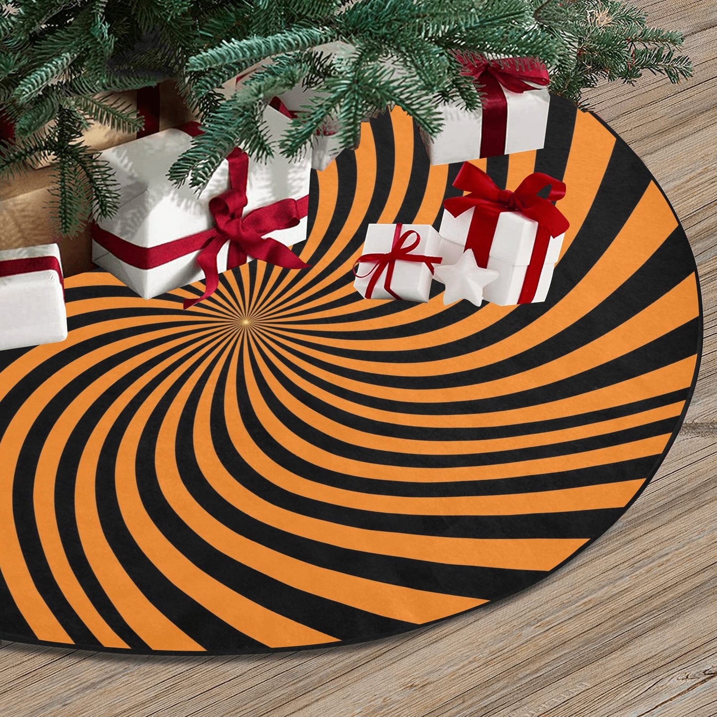 Halloween Tree Skirt, Orange Black Spiral Christmas Stand Base Cover Home Decor Decoration All Hallows Eve Creepy Spooky Party Starcove Fashion