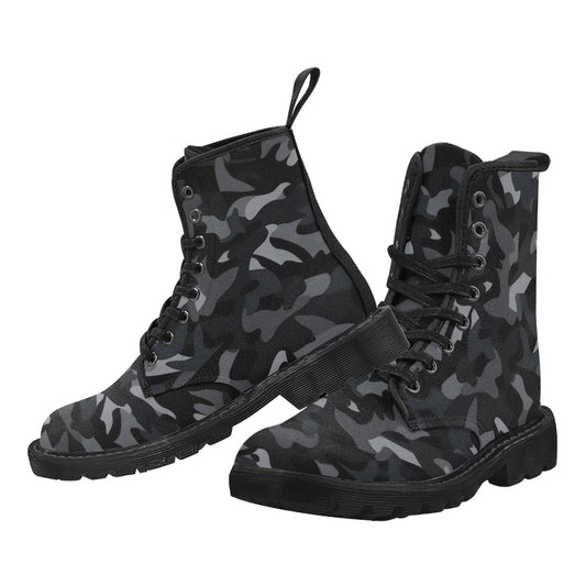 Black Camo Men Combat Boots, Camouflage Grey Designer Pattern Vegan Canvas Festival Party Lace Up Shoes Print Casual Custom Lightweight