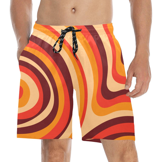 Vintage Men Mid Length Shorts, Retro Groovy Brown Orange 70s Beach Swim Trunks Front Back Pockets Mesh Drawstring Casual Bathing Suit Summer