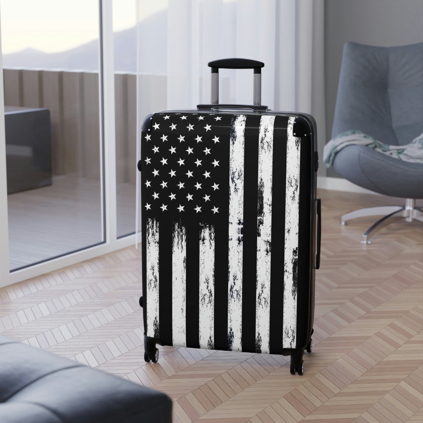 American Flag Suitcase Luggage, USA Carry On With 4 Wheels Cabin Travel Small Large Set Rolling Spinner Lock Designer Hard Shell Case