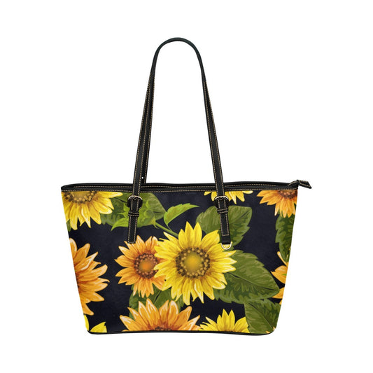Sunflower Tote Bag Purse, Floral Flowers Yellow Print Handbag Women Vegan Leather Zip Top Small Large Designer Handmade Shoulder Work