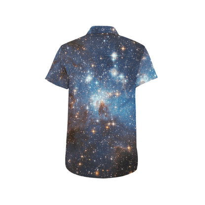 Galaxy Short Sleeve Men Button Down Shirt, Blue Outer Space Universe Astronomy Print Casual Buttoned Up Summer Collared Dress Plus Size Starcove Fashion