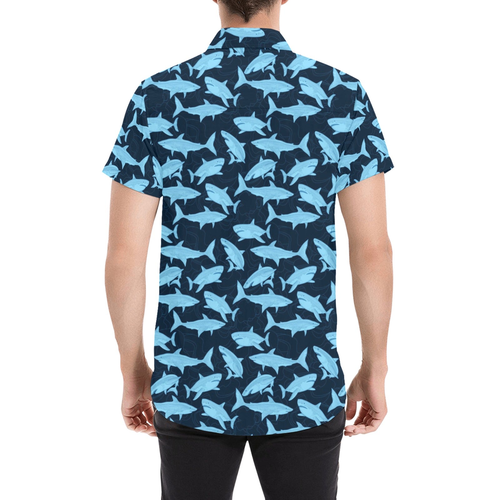 Shark Short Sleeve Men Button Up Shirt, Fish Blue Print Casual Buttoned Down Summer Dress Shirt Gift Husband Starcove Fashion