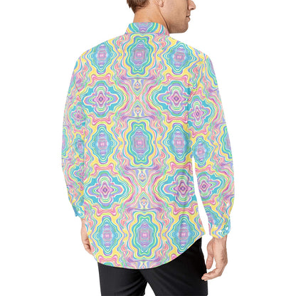 Pastel Psychedelic Long Sleeve Men Button Up Shirt, Vintage Trippy Groovy Rave Funky Print Guys Male Buttoned Collared Dress Chest Pocket