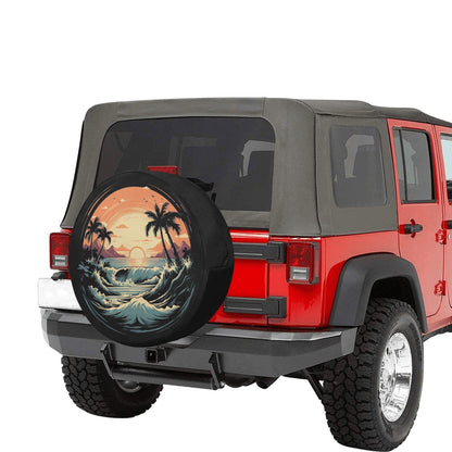 Beach Spare Tire Cover, Sunset Backup Camera Hole Rear Wheel Accessories Sun Tropical Palm Trees Waves Custom Unique Trailer Camper RV Back