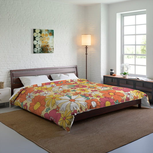 Groovy Flowers Bed Comforter, Floral 70s King Queen Twin Single Full Size Luxury Quilted Blanket Duvet Bedding Decor Bedroom Starcove Fashion