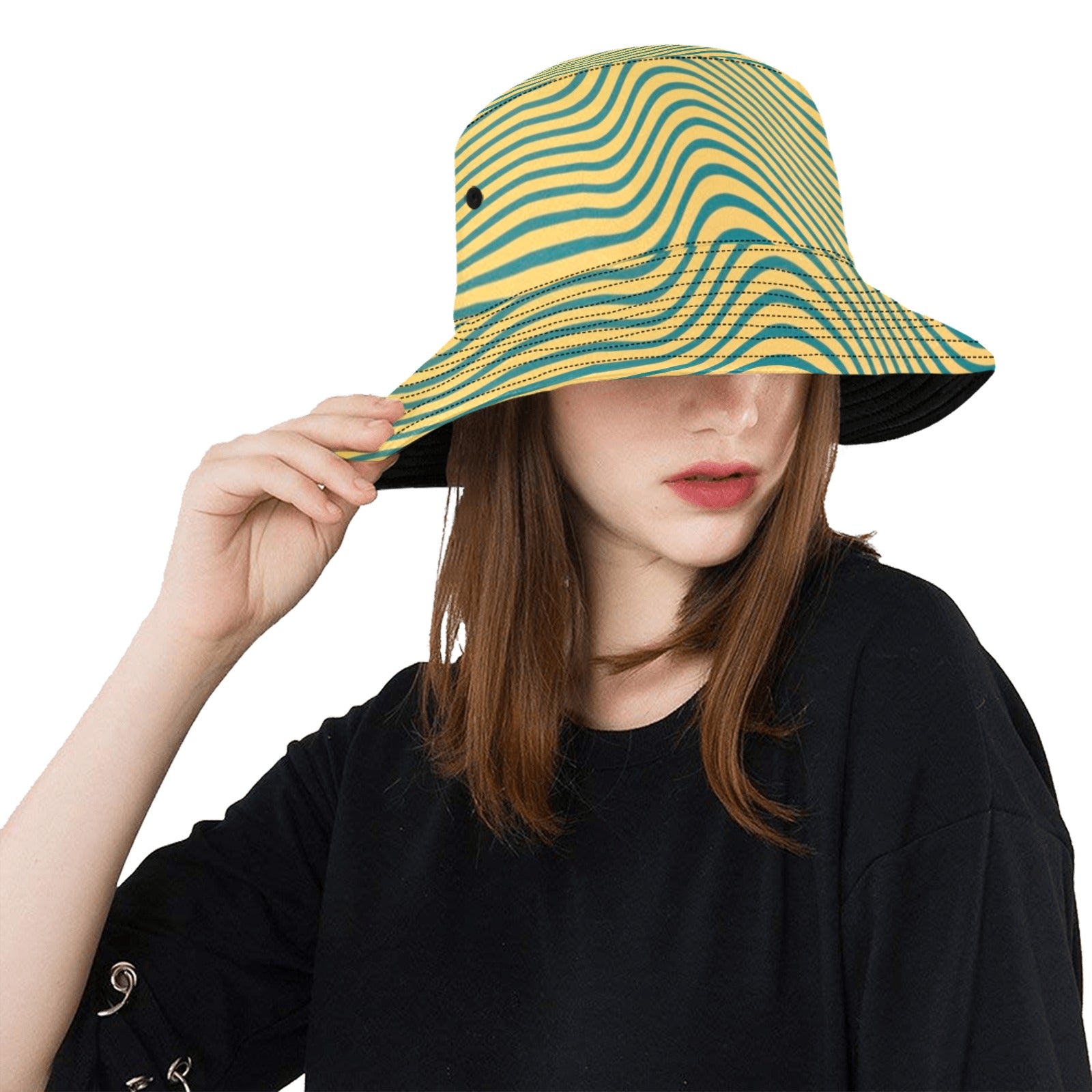 Yellow Green Striped Bucket Hat, Groovy Funky Psychedelic Retro Vintage Summer Festival Cute Women Men Designer Beach Sun Shade Y2K Twill Starcove Fashion